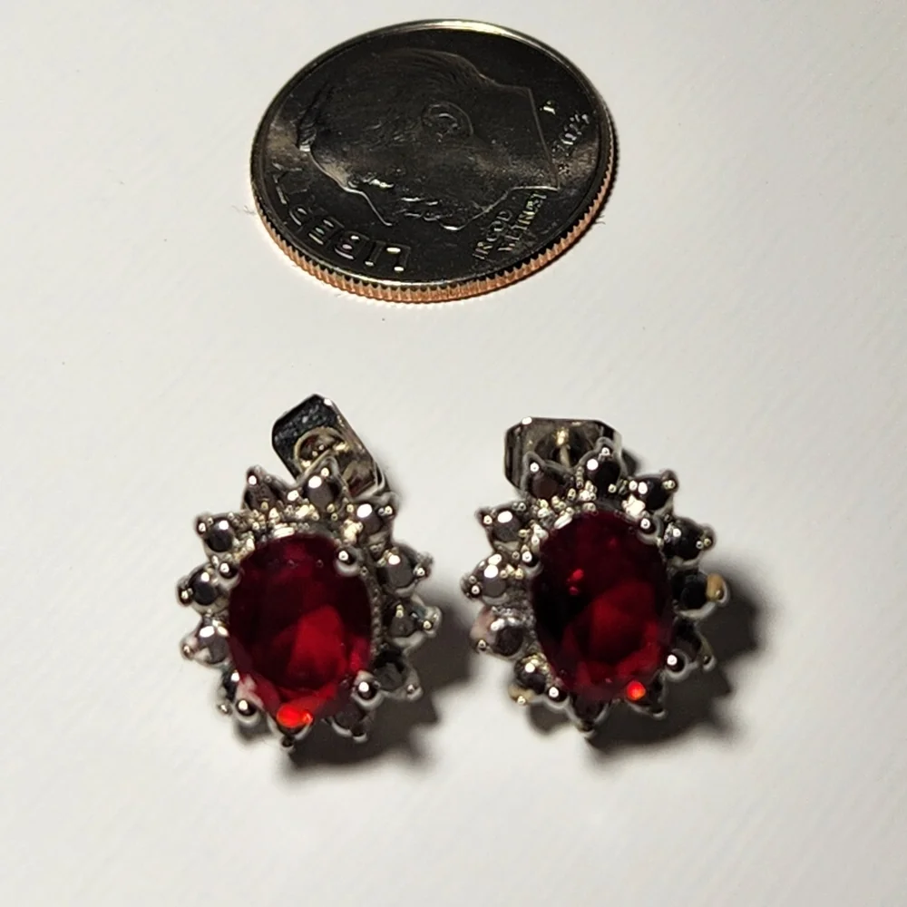 Faux Silver Diamond & Ruby Post Stud Pierced Earrings
